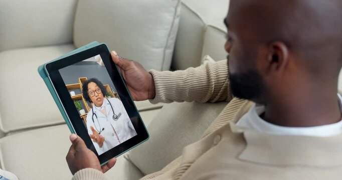 Man, tablet screen and video call with doctor for healthcare, medical advice and telehealth service. Patient, tech and virtual platform in home for consultation, gp help and discussion for wellness