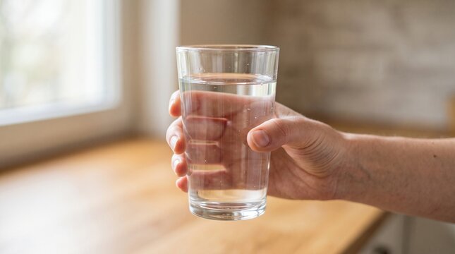 Person holding a clear glass filled with refreshing pure water indoors with soft natural light