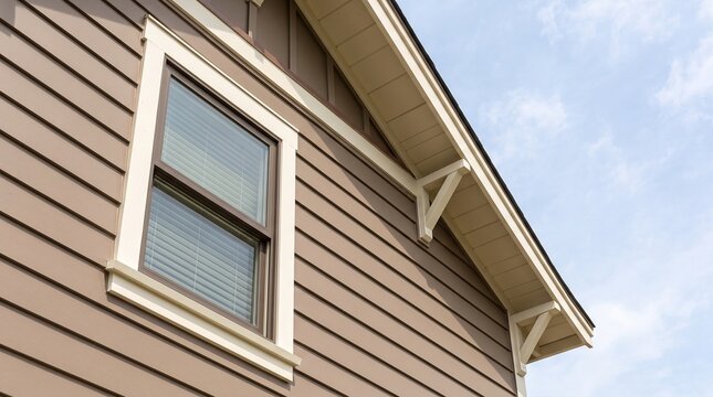 Low Angle View of Modern House Exterior with Siding and Window against Blue Sky