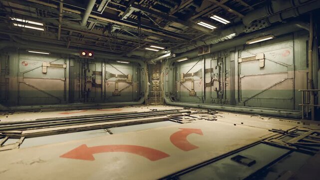 This setting features a spacious, metallic interior with visible wear. Two large red arrows on the floor indicate directions, while the walls exhibit industrial design elements and lighting.