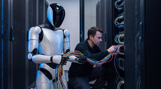 Robot and Technician in Server Room: A sleek, modern robot collaborates with a human technician, both working amidst rows of humming server racks.