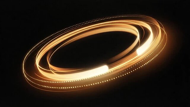 Dynamic Light Trails of swirling golden rings floating in darkness capturing motion and energy in a mesmerizing abstract sequence