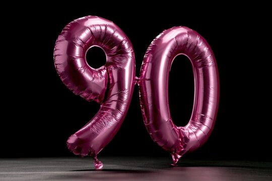 Shiny metallic pink balloons shaped as the number ninety floating on a dark background for special celebrations and milestone events