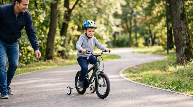 Father teaching his young son to ride a bicycle with training wheels on a paved park path surrounded by trees