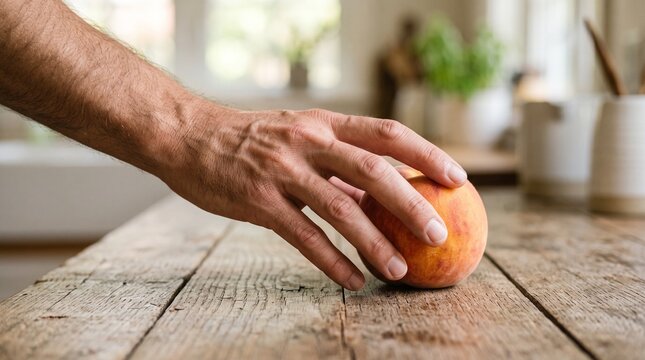 Man's Hand Reaching for a Ripe Peach on a Rustic Wooden Table in a Bright Kitchen