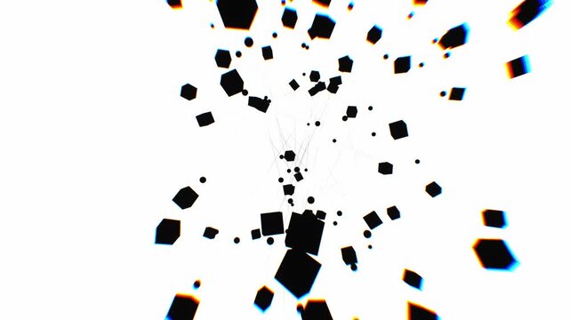 Data blocks scatter with chromatic aberration across a bright white void in a dynamic 3D animation for AI chip computing and futuristic title sequence