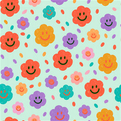 Rainbow smiley flowers seamless pattern for cheerful designs