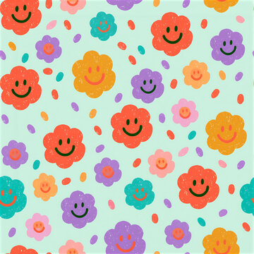 Rainbow smiley flowers seamless pattern for cheerful designs