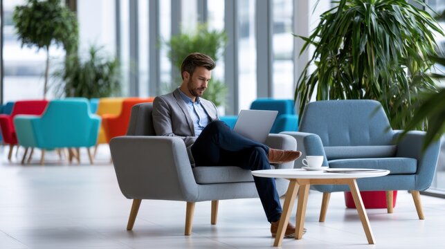 Businessman working on laptop while sitting in modern office lounge with colorful chairs and large windows during daytime