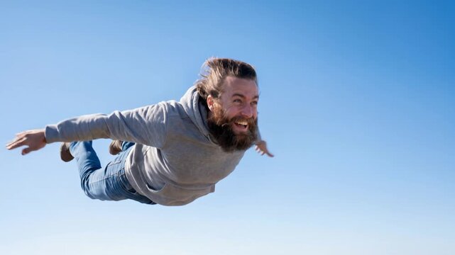 Excited bearded man flying through the air with arms outstretched against blue sky. Happy man levitating and floating above ground like superhero. Freedom and success concept