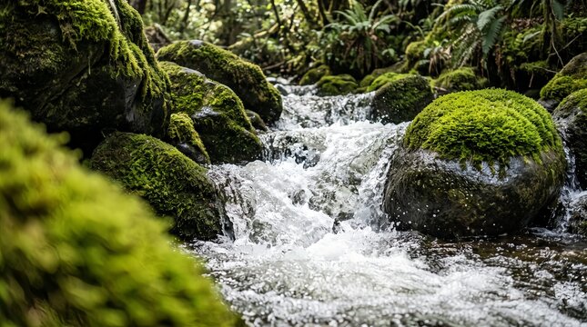 Mountain stream flowing over mossy rocks in rainforest