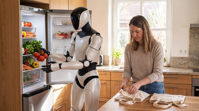 Robot Assistant in the Kitchen: A futuristic robot offers a selection of fresh vegetables from an open refrigerator to a woman who is packing groceries.