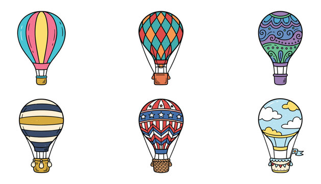 Colorful hot air balloons illustration with playful patterns for travel and adventure themes.