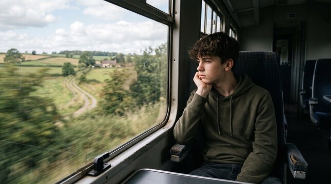 Teenage boy in hoodie looking out train window at blurred countryside landscape during daytime journey