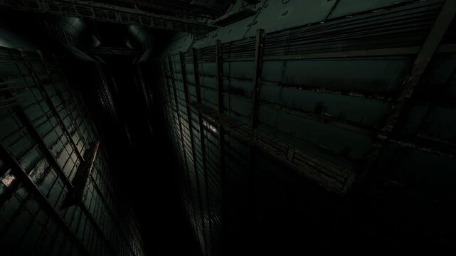 The view captures a narrow, dark corridor in an advanced architectural setting, emphasizing metallic textures and stark shadows. The atmosphere evokes a sense of mystery.