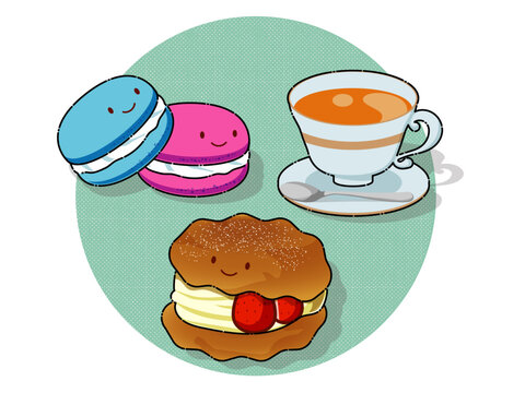 可愛い顔がついたマカロンとシュークリームと紅茶のティータイムイラストセット