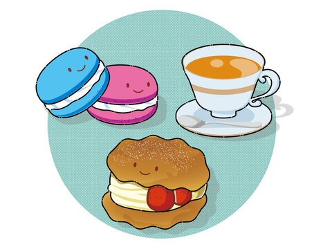 可愛い顔がついたマカロンとシュークリームと紅茶のティータイムイラストセット