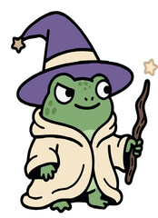 Obraz premium Cute frog wizard mascot sticker vector illustration wearing witch hat and cloak holding glowing magic wand on isolated white background.