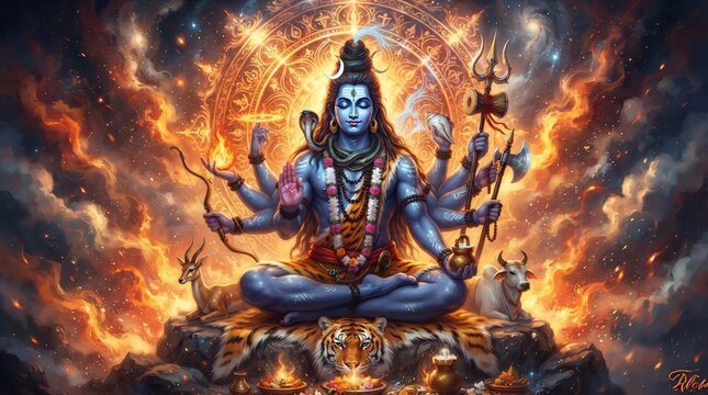 Image is a digital artwork depicting a multi-armed deity, likely inspired by Hindu iconography, set against a vibrant, fiery background. The deity has a blue skin tone and is adorned with multiple nec
