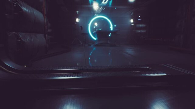 A dimly lit corridor features a prominent glowing circle at the end, creating an eerie atmosphere. Soft reflections are visible on the polished floor, enhancing the futuristic setting.