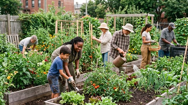 Diverse group of people of various ages working together in a lush urban community garden tending to plants