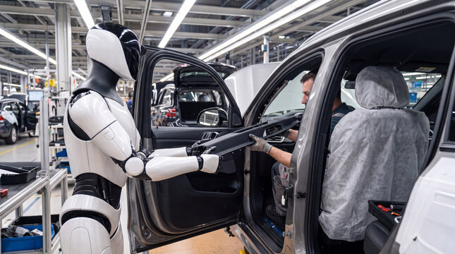 Robot Assistant in Automotive Assembly: A modern humanoid robot works alongside a human technician on an automobile assembly line.