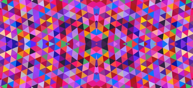 Vibrant geometric pattern featuring colorful triangles arranged in a symmetrical modern digital art mosaic tile design