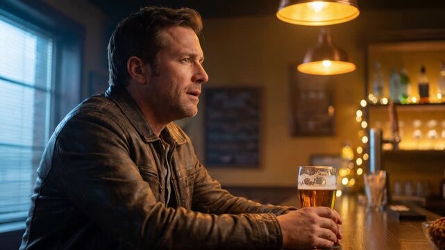 Man drinking beer alone at bar counter in cozy pub. Thoughtful guy holding glass of lager and relaxing in warm evening light. Nightlife and craft beer bar concept