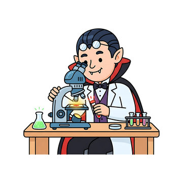 Cute vampire scientist in lab coat examining blood sample with microscope cartoon illustration