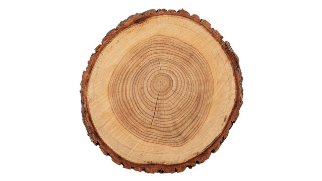 Round wooden tree trunk cross section slice wood texture isolated on transparent background