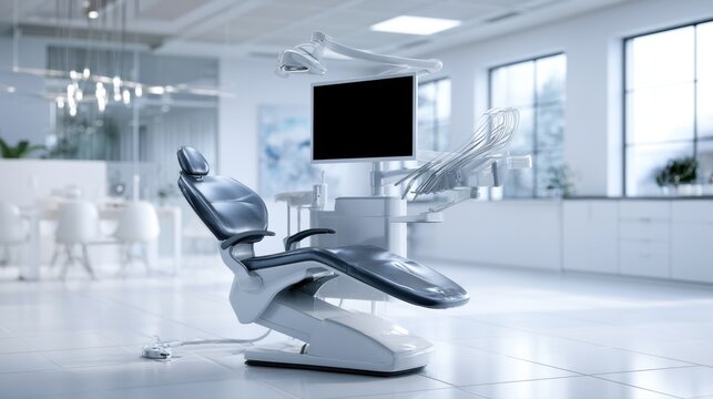 Modern dental clinic interior featuring an ergonomic dentist chair with digital monitor and advanced dental equipment in a bright and sterile environment