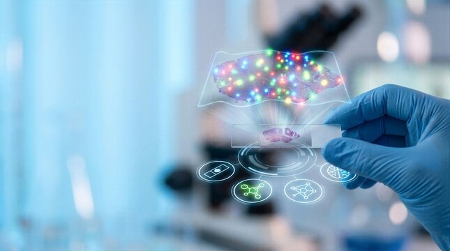 Hand holding pathology slide projecting holographic spatial transcriptomics map with glowing multicolored cellular nodes and diagnostic icons