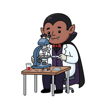 Cute Cartoon Vampire Scientist Character Examining Blood Sample with Microscope in Laboratory