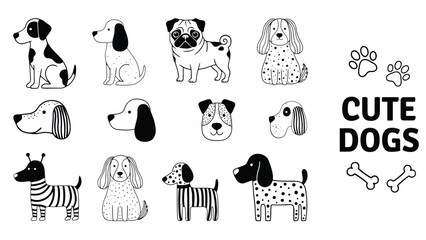 Fototapeta premium Cute Dogs Vector Set, Hand Drawn Puppy Breeds Line Art and Clipart Elements