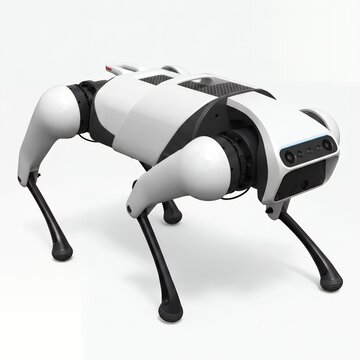 White and black quadruped robot dog with blue accent lights and multi camera array on front