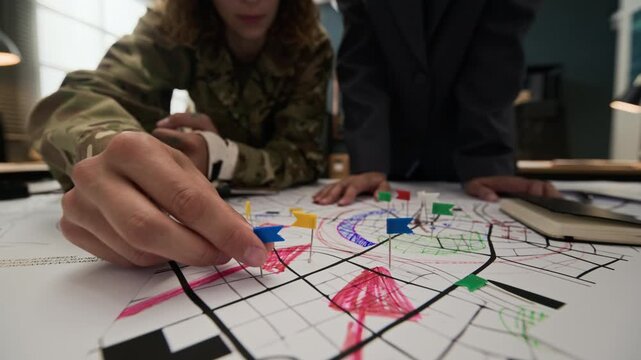 Young adult Caucasian female soldier and colleague placing colorful pin flags on tactical map during strategic planning session. Clip serves as perfect visual for defense industry marketing