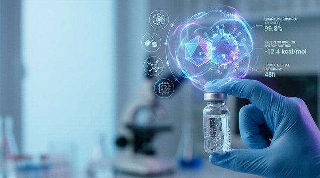 Scientist holding vaccine vial with holographic projection of virus binding affinity and quantum molecular docking simulation data