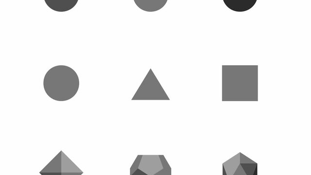 Geometric solids rotate across a white background in a minimalist 3D animation grid featuring black monochrome forms for modern corporate design projects