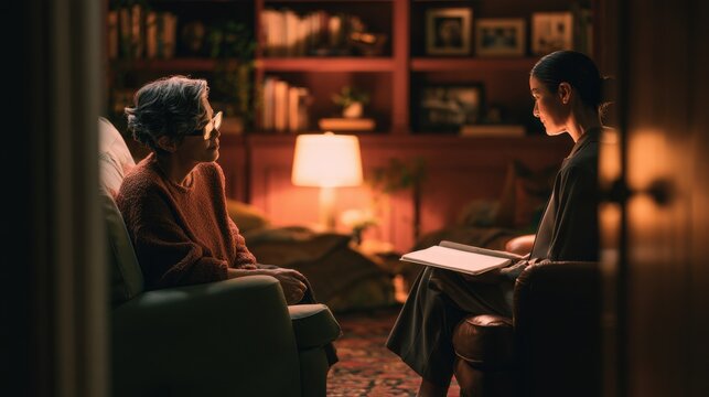 Warm intimate scene of two women having a meaningful conversation in a cozy living room illuminated by soft warm lighting and surrounded by bookshelves and fram