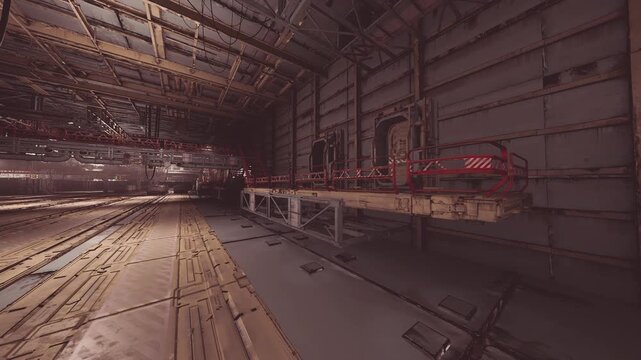 A vast industrial space featuring high ceilings and expansive platforms. Various structural elements are visible, suggesting a once busy environment now in disrepair.