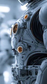 Detailed futuristic astronaut suit with illuminated helmet lenses and intricate mechanical components in a high-tech space environment