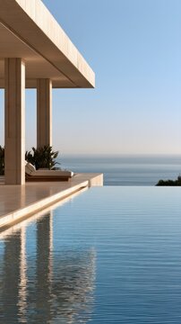Modern luxury villa with infinity edge pool overlooking calm ocean under clear sky in serene coastal setting