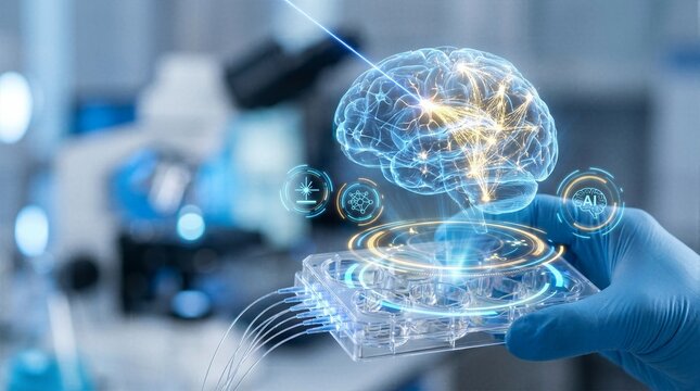 Researcher examining multi well device projecting holographic brain network with artificial intelligence and neurological data analytics