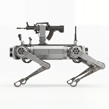Silver quadruped robot dog with mounted rifle and side antennas in profile view on white