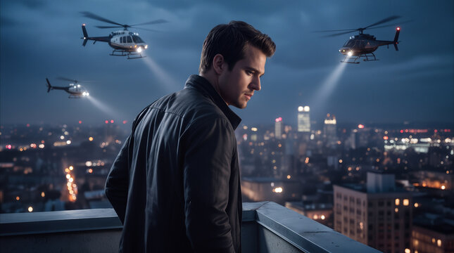 Serious man standing on rooftop at night with helicopters hovering above. Dramatic scene of fugitive or secret agent in urban environment.