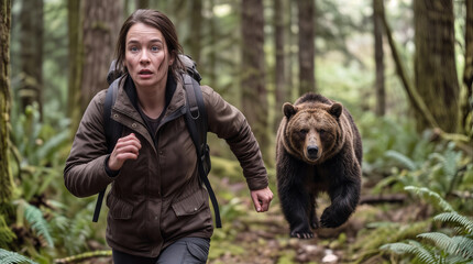 Naklejka premium Terrified hiker running from grizzly bear in dense evergreen forest. Survival situation during wilderness trek in remote woodland area.