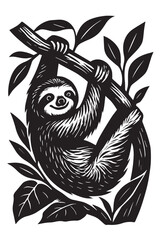 Naklejka premium Sloth Hanging from Tree Branch Black and White Illustration
