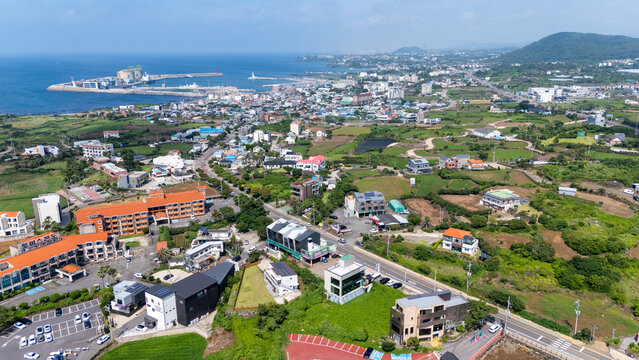 Aerial view of Aewol-eup featuring a mix of modern buildings, lush green fields, and a coastal harbor under a clear blue sky in Jeju-si, Jeju-do, South Korea.