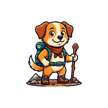 Cute pixel art puppy dog with a backpack and walking stick going on a fun outdoor adventure