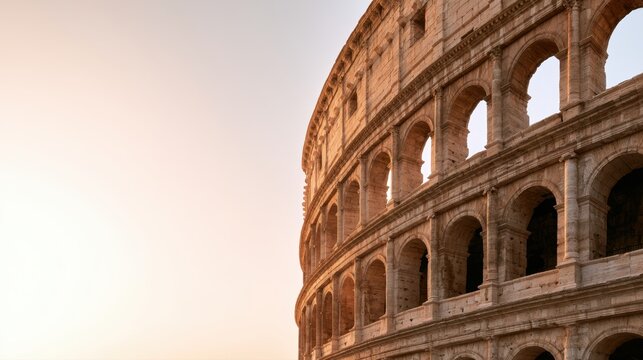 Historic ancient Roman amphitheater exterior bathed in warm sunlight with detailed stone arches and weathered textures under clear sky